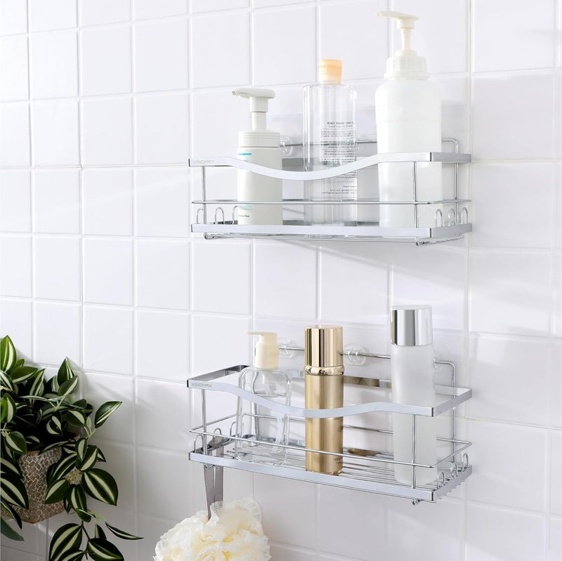 KINCMAX Iron Shower Caddies - Self Adhesive Bathroom Shelves for Showers - Wall Organizer Shampoo Holder Shelf - Peel and Stick On Caddy Bath Tub Rack - Pack of 2 Holders - Silver - Image 1