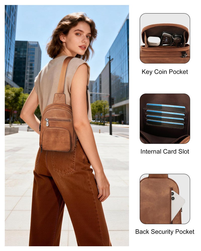 FADEON Sling Bags for Women Crossbody Bags, Designer PU Leather Sling Purse Multi-Pocket Packs with Card Slot Purse Brown - Image 2