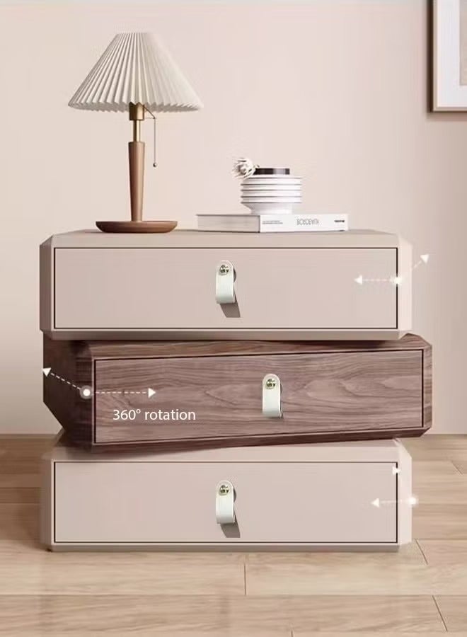 رافين طاولة جانبية خشبية متعددة الأغراض بتصميم عصري مغلفة بالجلد قابلة للدوران 360 درجة مع 3 أدراج وقاعدة متينة قوية وطاولة تخزين لغرفة النوم وغرفة المعيشة 50 × 40 × 52 سم (مجمعة بالكامل) - Image 1