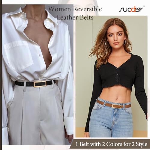 SUOSDEY Women Reversible Leather Belts for Jeans Pants Dresses Ladies Fashion Belts with Gold Buckle, 0.9" Width (Black/Brown) - Image 2