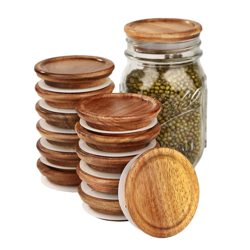 DingCo 12 Pack Regular Mouth Mason Jar Lids, Reusable Canning Lids with Wooden and Silicone Seals - Perfect for Canning and Preserving in Mason Jars, Brown - Image 1