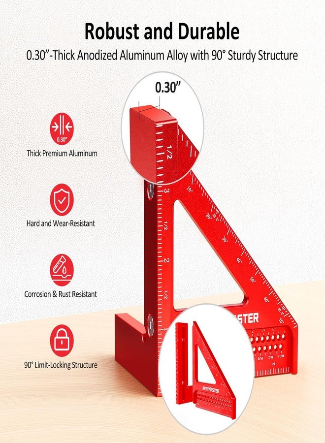 ArtyMaster 3.8＂Mini 3D Multi-Angle Measuring Square Ruler, WT102A High Precision Hole Scribing Woodworking Tools, 0-90° Aluminum Alloy Carpenter Square Wood Working Tools, Carpenter Pencils 6 Refills. - Image 5