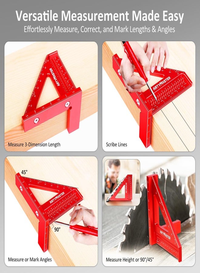 ArtyMaster 3.8＂Mini 3D Multi-Angle Measuring Square Ruler, WT102A High Precision Hole Scribing Woodworking Tools, 0-90° Aluminum Alloy Carpenter Square Wood Working Tools, Carpenter Pencils 6 Refills. - Image 3