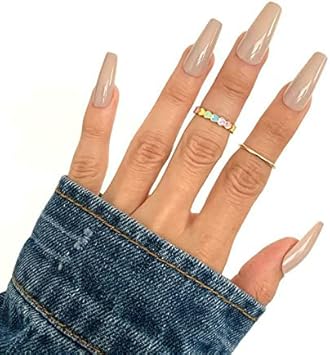 AMNI 100 x Natural Look False Nail Tips 10 Sizes Matte Full Cover Long StilettoPointy Fake Nails Art Manicure UK BEIGE COFFIN NAILS - Image 1