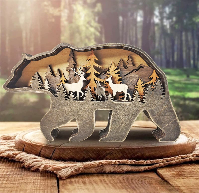 Miyolo Wooden Bear Art Decor Brown Bear Figurine Rustic Home Shelf Desktop Creative Decorations Multi-Layer Silhouette Crafts - Image 5