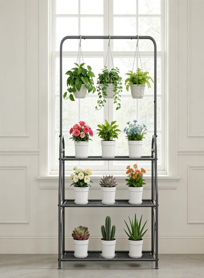SORCEDAS Plant Stand Indoor Outdoor 3 Tier Tall Corner Hanging Plant Shelf Metal Flower Stands Ladder Plant Holder for Living Room Balcony Garden Patio Multiple Plants, Dark Grey - Image 3