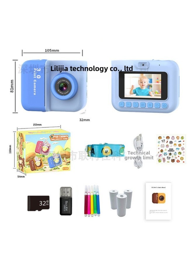 Generic Private Model Children's 3-inch Screen Print Camera Instant Portable HD Digital Camera-Color:Blue + 32g + Card Reader (dual Lens Without Lens Cap)  - Image 1