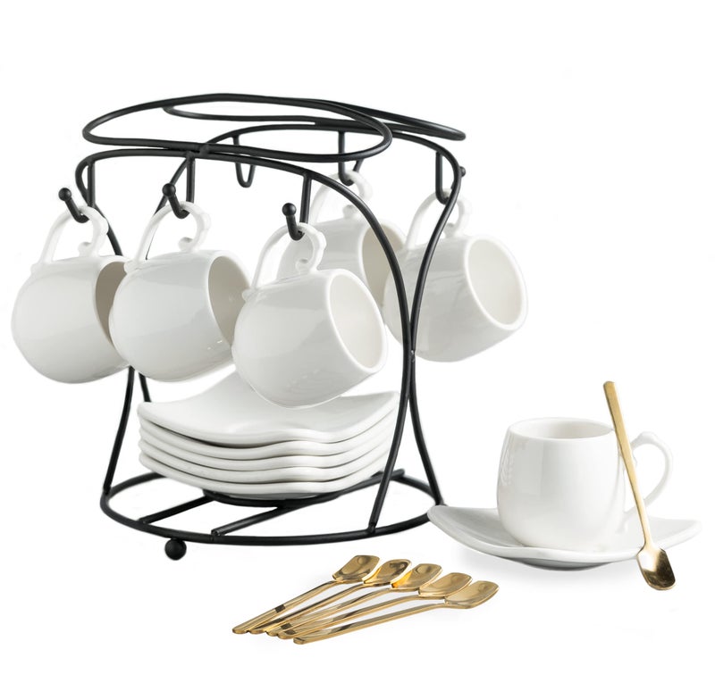 LYEOBOH Espresso Cups with Saucers Set, Porcelain Coffee Cups and Metal Stand and Spoons, Small Demitasse Cups for Espresso, Latte, Cafe Mocha, Cappuccino, and Tea, 3 OZ, Set of 6, White - Image 1