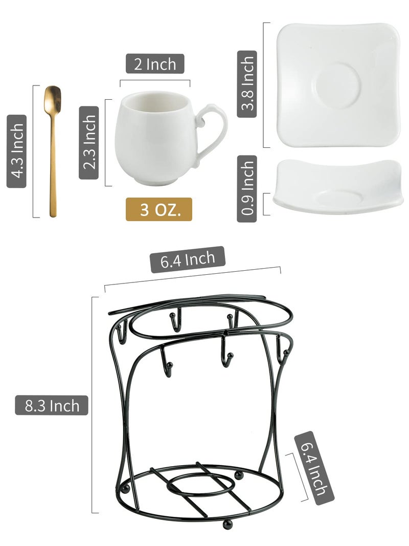 LYEOBOH Espresso Cups with Saucers Set, Porcelain Coffee Cups and Metal Stand and Spoons, Small Demitasse Cups for Espresso, Latte, Cafe Mocha, Cappuccino, and Tea, 3 OZ, Set of 6, White - Image 3