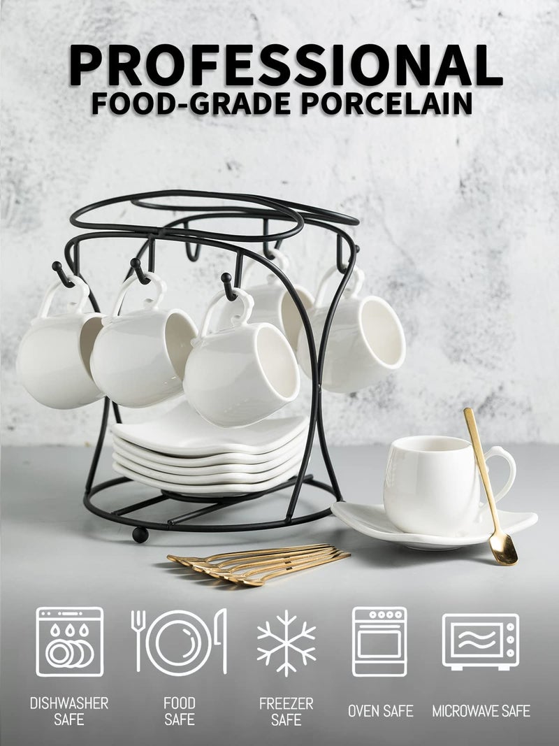 LYEOBOH Espresso Cups with Saucers Set, Porcelain Coffee Cups and Metal Stand and Spoons, Small Demitasse Cups for Espresso, Latte, Cafe Mocha, Cappuccino, and Tea, 3 OZ, Set of 6, White - Image 2