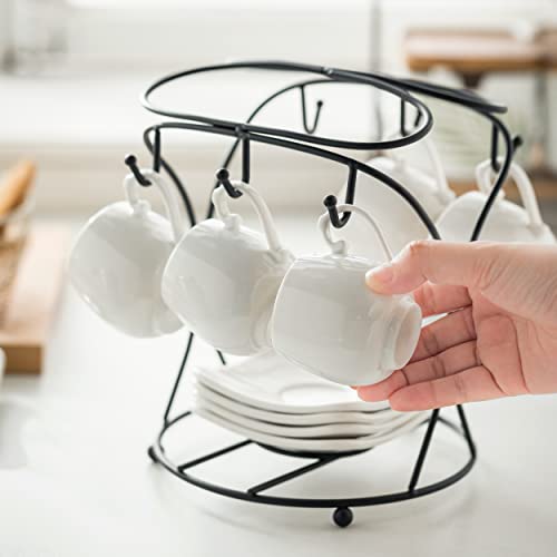 LYEOBOH Espresso Cups with Saucers Set, Porcelain Coffee Cups and Metal Stand and Spoons, Small Demitasse Cups for Espresso, Latte, Cafe Mocha, Cappuccino, and Tea, 3 OZ, Set of 6, White - Image 5