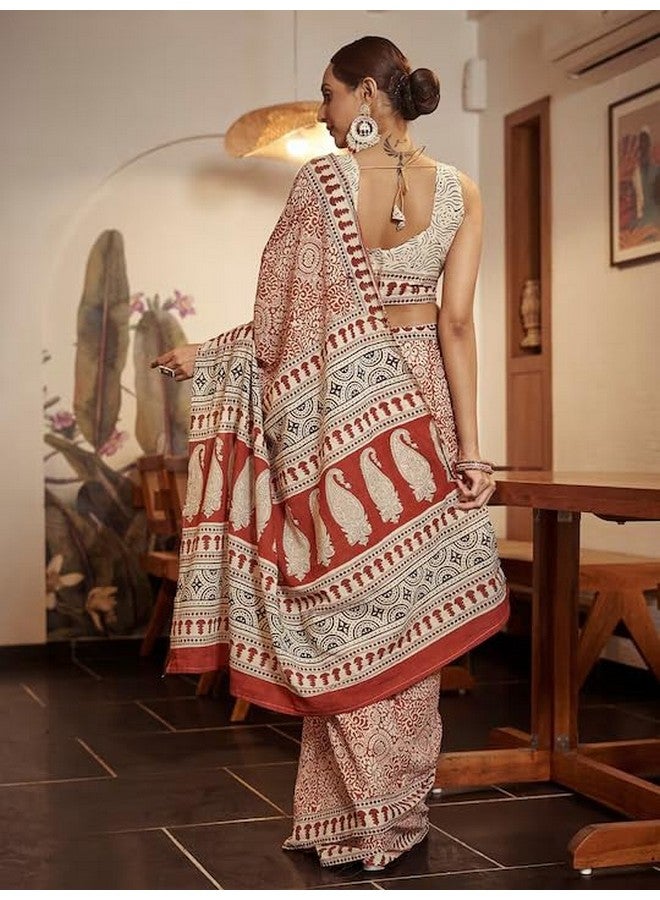 RADHA LAKSHMI ساري رادها لاكشمي من القطن الناعم المطبوعة بتصميم أجرخ خفيف الوزن للنساء مع قطعة بلوزة (أبيض مائل إلى البني) - Image 5