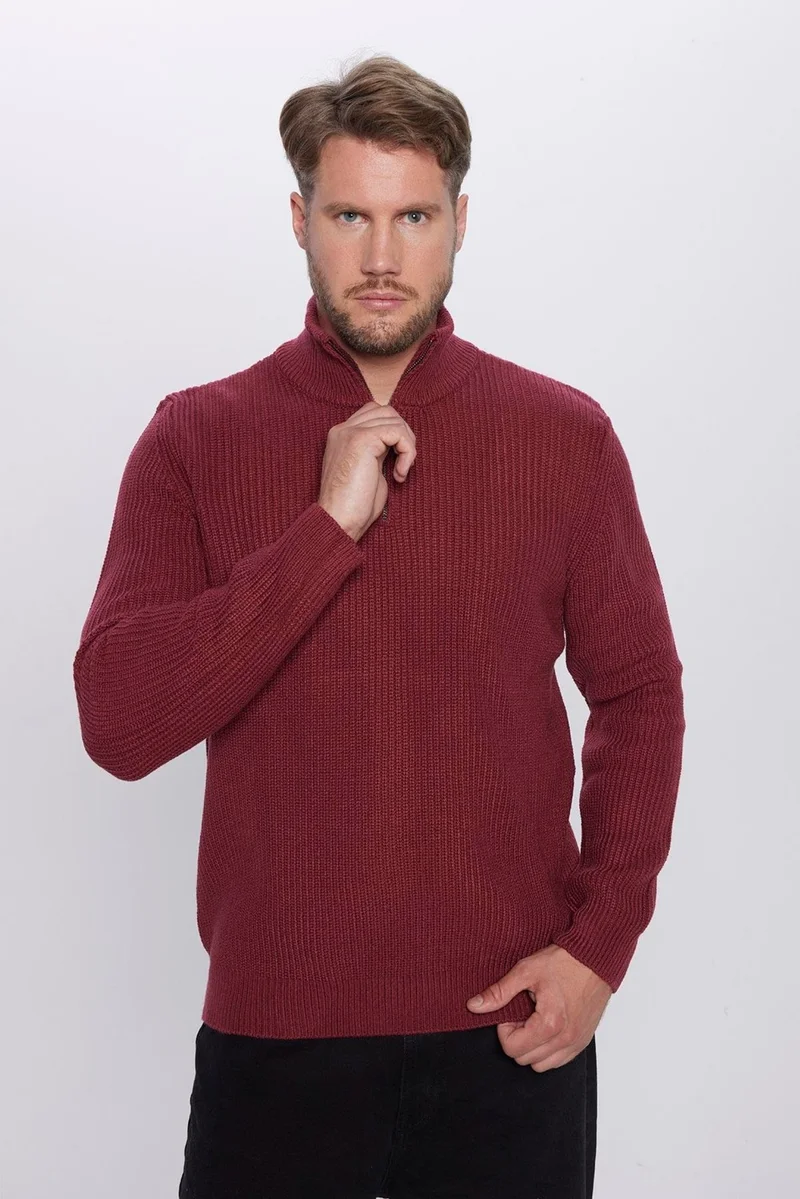 Tudors Men's Slim Fit Slim Cut Zippered Claret Red Stand Collar Knitwear Sweater