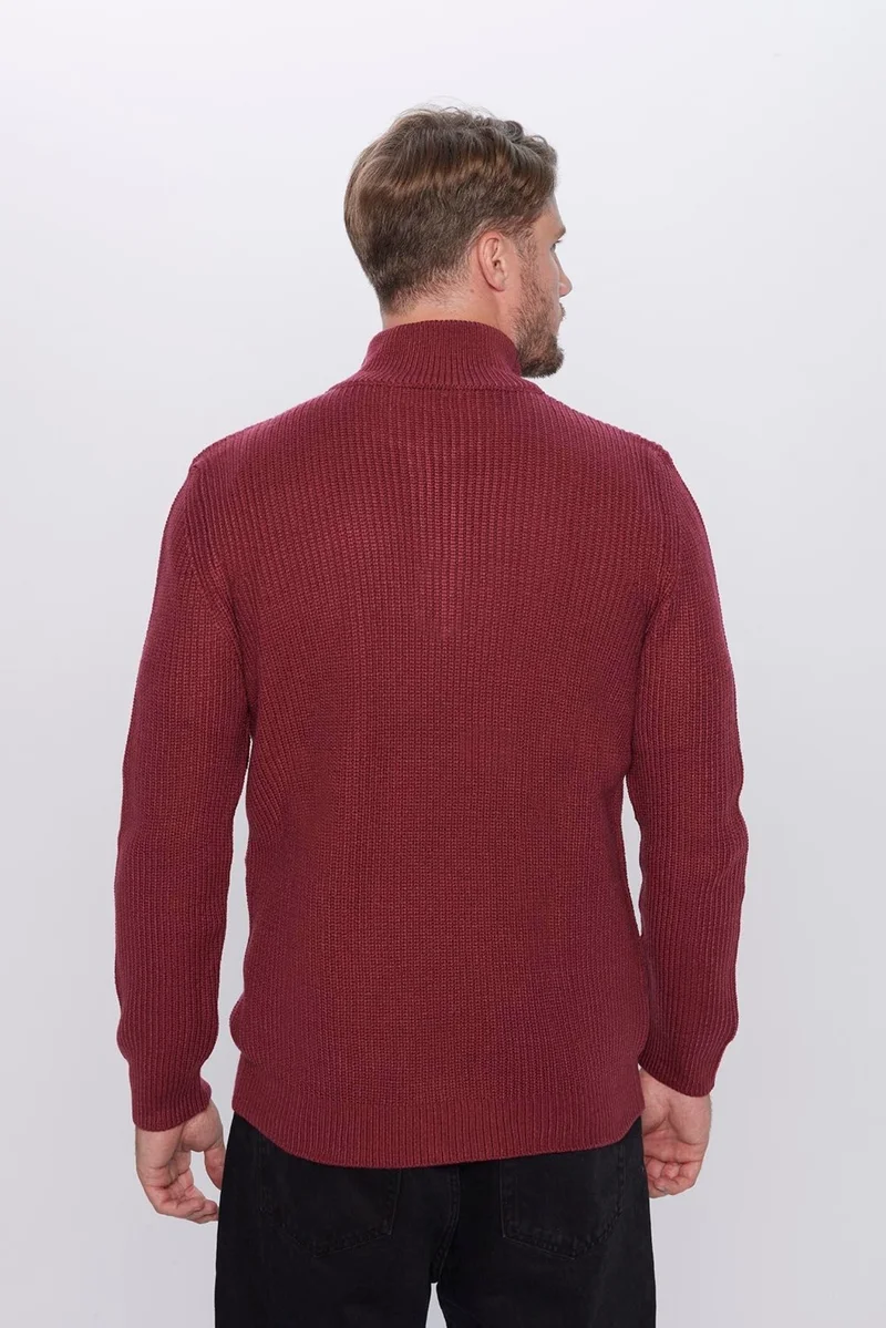 Tudors Men's Slim Fit Slim Cut Zippered Claret Red Stand Collar Knitwear Sweater
