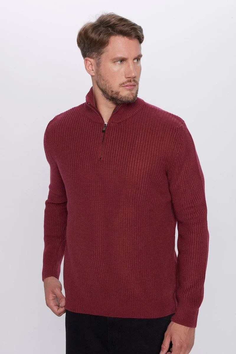 Tudors Men's Slim Fit Slim Cut Zippered Claret Red Stand Collar Knitwear Sweater