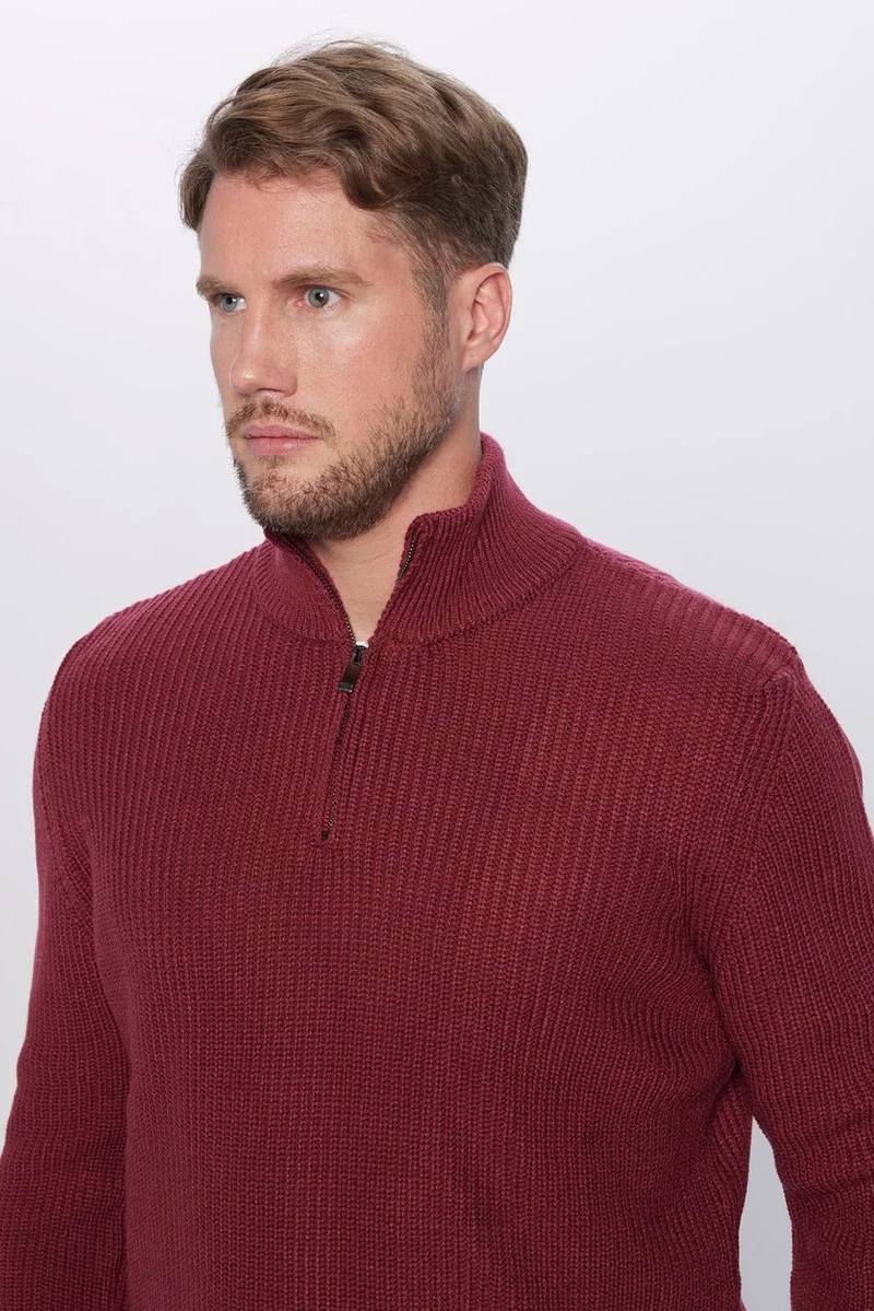 Tudors Men's Slim Fit Slim Cut Zippered Claret Red Stand Collar Knitwear Sweater