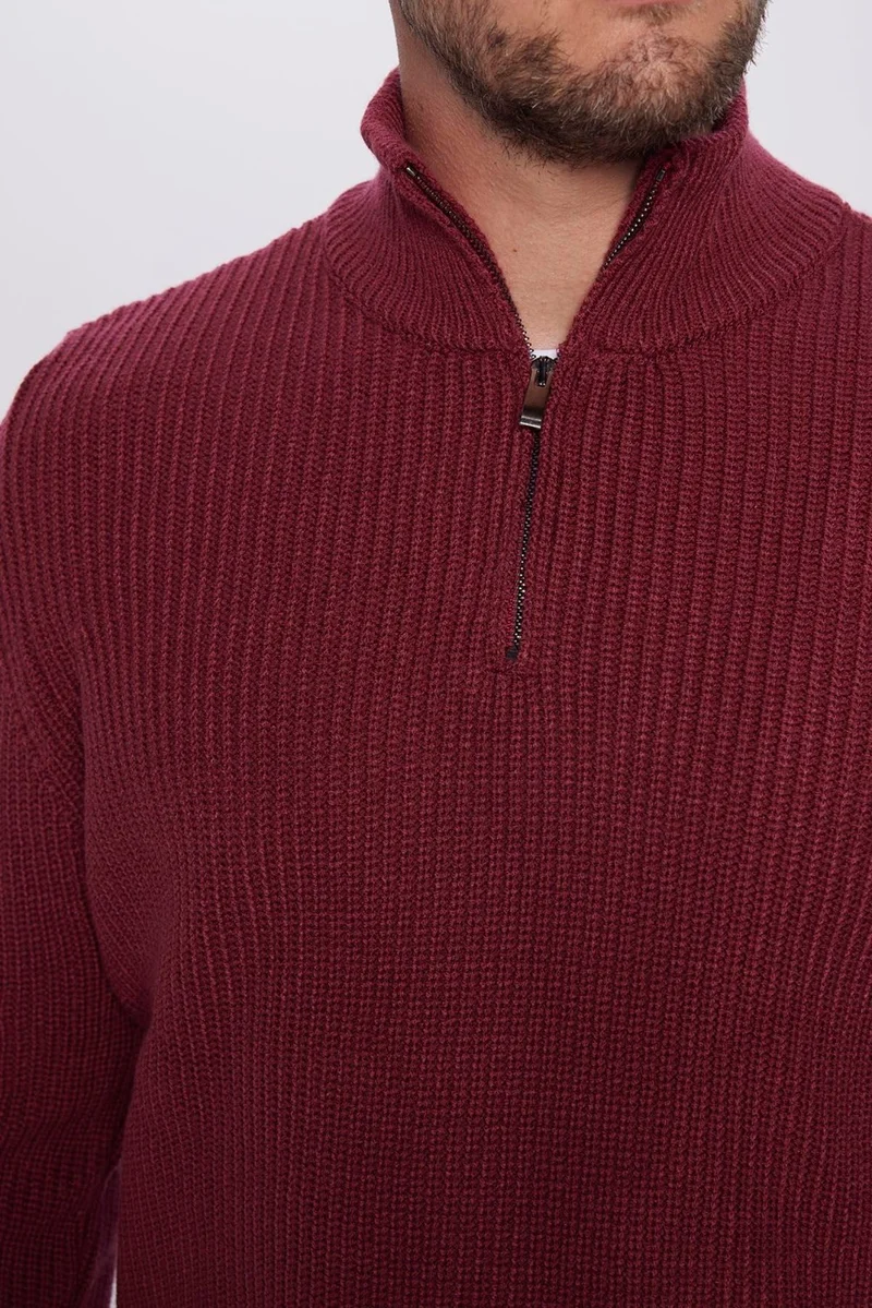 Tudors Men's Slim Fit Slim Cut Zippered Claret Red Stand Collar Knitwear Sweater