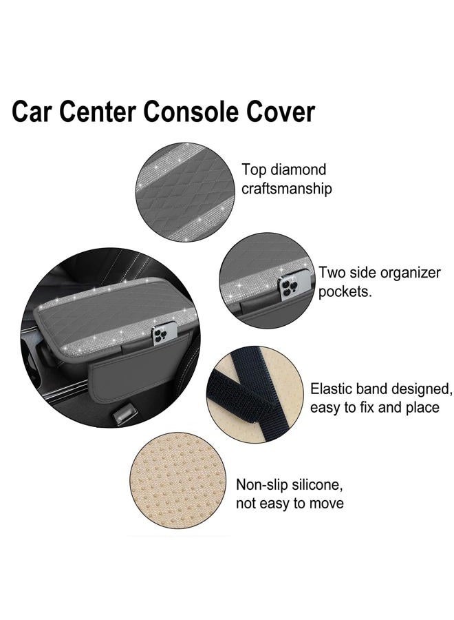 NBTEPEM Bling Gray Car Center Console Cover, Leather Car Arm Rest Cover with 2 Storage Bags, Universal Auto Armrest Protector Storage Box, Bling Accessories Interior for Most Vehicles - Image 3