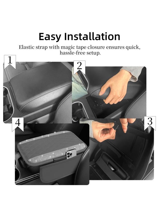 NBTEPEM Bling Gray Car Center Console Cover, Leather Car Arm Rest Cover with 2 Storage Bags, Universal Auto Armrest Protector Storage Box, Bling Accessories Interior for Most Vehicles - Image 5