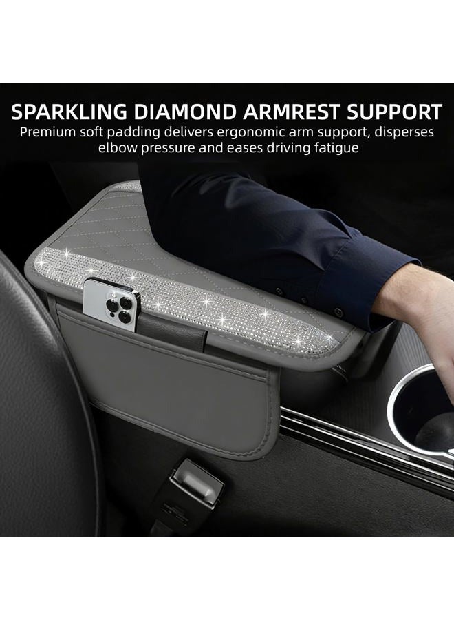 NBTEPEM Bling Gray Car Center Console Cover, Leather Car Arm Rest Cover with 2 Storage Bags, Universal Auto Armrest Protector Storage Box, Bling Accessories Interior for Most Vehicles - Image 4