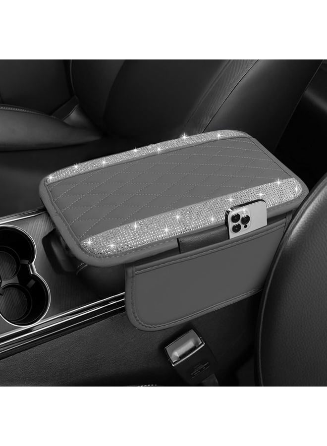 NBTEPEM Bling Gray Car Center Console Cover, Leather Car Arm Rest Cover with 2 Storage Bags, Universal Auto Armrest Protector Storage Box, Bling Accessories Interior for Most Vehicles - Image 1