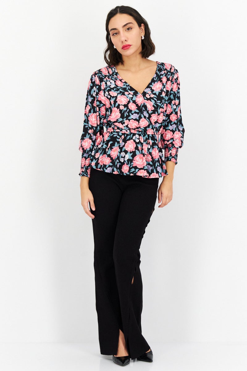RIVER ISLAND Women V-Neck Long Sleeves Floral Pattern Top, Black - Image 4