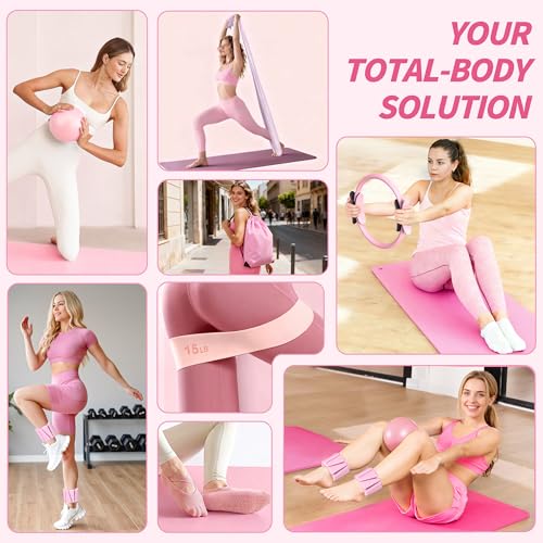NANATI Pilates Kit 19PCS,Pilates Essentials Kit for Women,Pilates Equipment with 14.5" Pilates Ring and Ball,8 Resistance Bands,Ankle Weights,Sliders & Grip Socks Accessories for Starter Home Workouts - Image 2