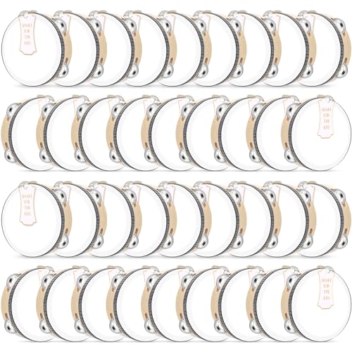 Lukmaa 36 Set 6 Inch Tambourines Bulk for Adults Christmas Bulk Wooden Hand Held Drum with Metal Jingles, Tags, Tambourine Gift Musical Instrument for Church Wedding Party Favor(White Style) - Image 1