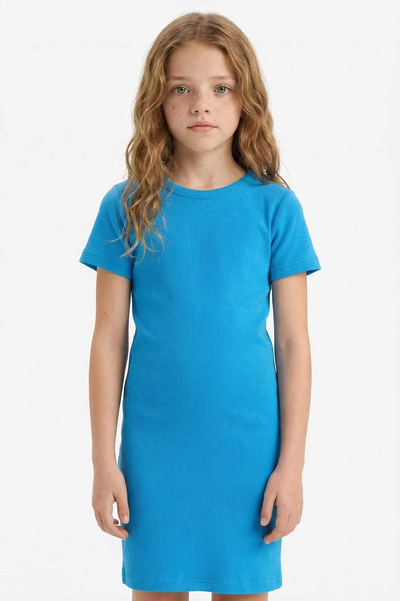ديفاكتو Girl Crew Neck Ribbed Camisole Short Sleeve Dress
