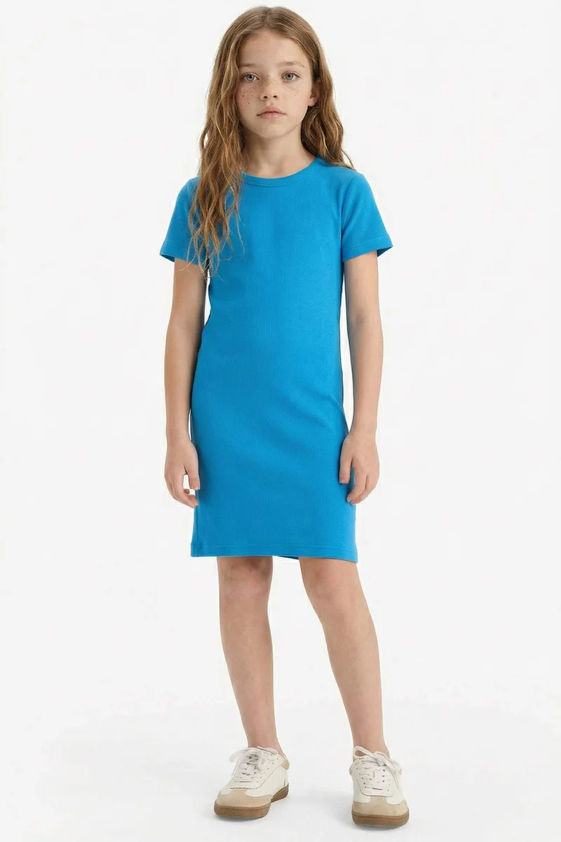 ديفاكتو Girl Crew Neck Ribbed Camisole Short Sleeve Dress