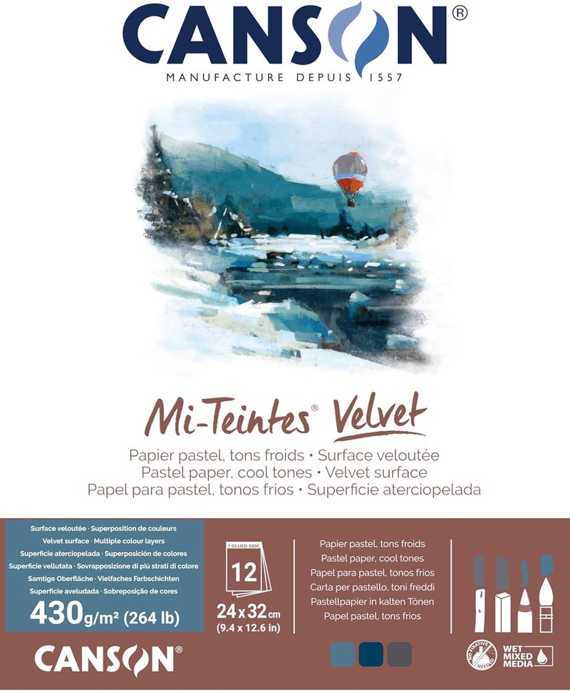 CANSON Canson MiTeintes Velvet Drawing Paper Pad Cool Tones Assorted Colors Glue Binding 260lb430g 12 Sheet 94x126 inch 1 Count 