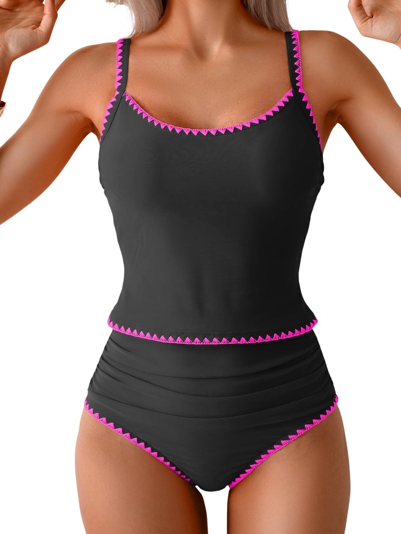 Eomenie Tankini Swimsuit for Women Tummy Control Ruched Two Piece Bathing Suits High Waisted Shell Stitch Swimwear - Image 1
