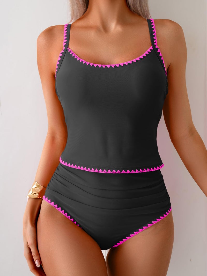 Eomenie Tankini Swimsuit for Women Tummy Control Ruched Two Piece Bathing Suits High Waisted Shell Stitch Swimwear - Image 3