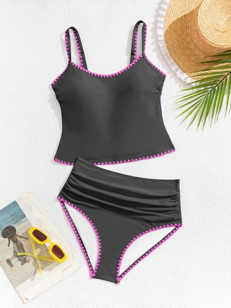 Eomenie Tankini Swimsuit for Women Tummy Control Ruched Two Piece Bathing Suits High Waisted Shell Stitch Swimwear - Image 5