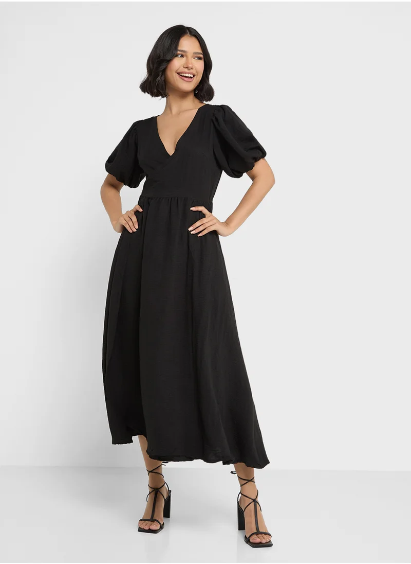 جينجر Puff Sleeves Wrap Tie Midi Dress