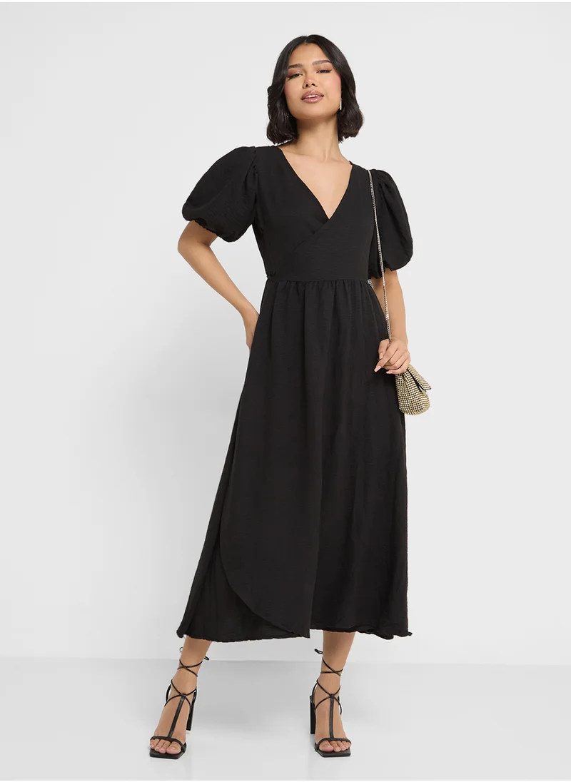 Ginger Puff Sleeves Wrap Tie Midi Dress