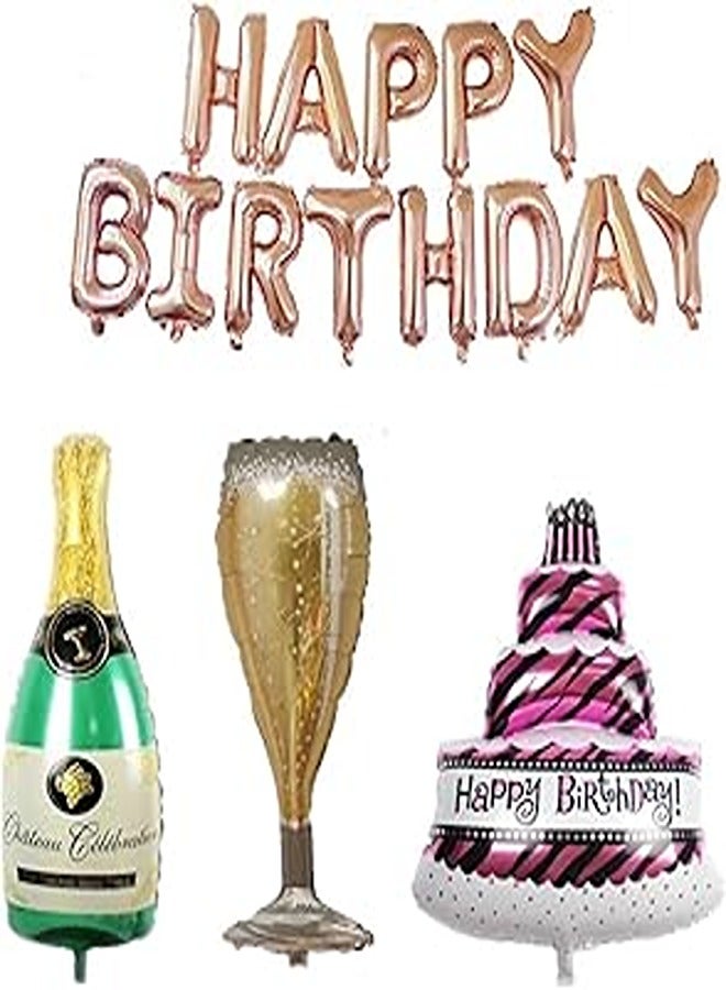 4 Pack Rose Gold Happy Birthday Foil Balloons Letters Banner Giant Champagne Bottle Kit