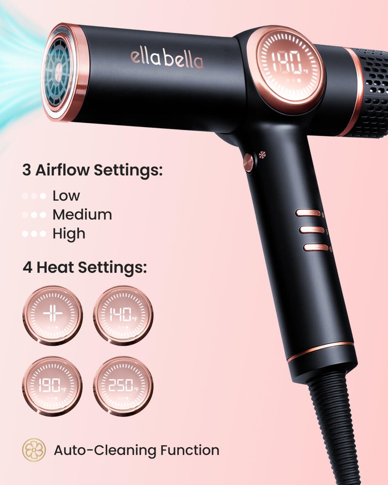 ELLA BELLAÂ® Professional Ionic Hair Dryer with Diffuser â€¢ Negative Ion Blow Dryer â€¢ Suitable All Hair Types â€¢ Intelligent Heat Control & Rapid Drying Speeds â€¢ Lightweight Design â€¢ Low Noise Technology - Image 3