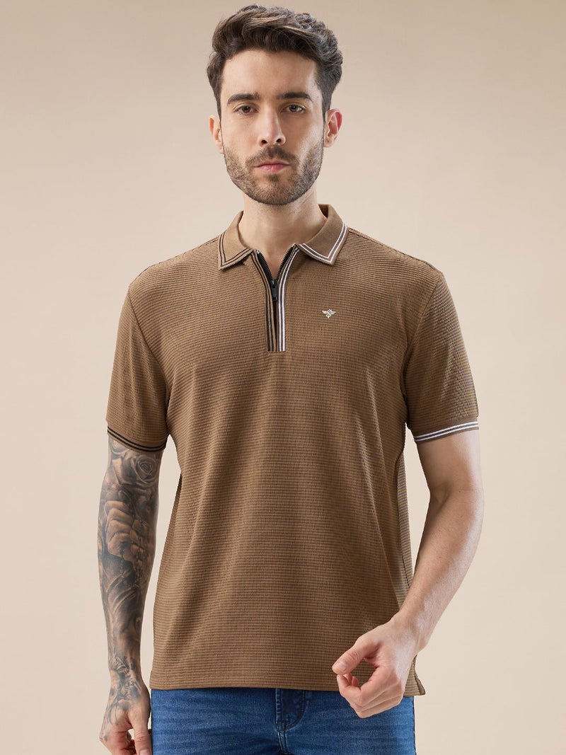 STATUS QUO Textured Tipping Collar Regular Fit Brown Polo T-shirt - Image 1