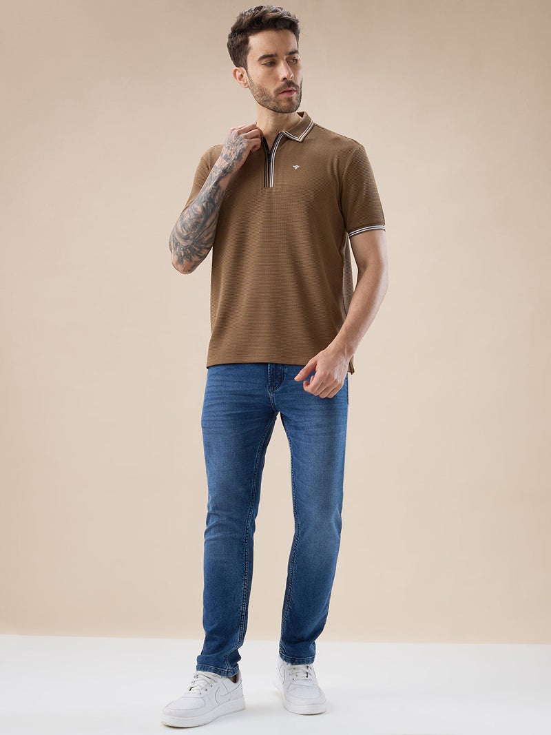 STATUS QUO Textured Tipping Collar Regular Fit Brown Polo T-shirt - Image 5