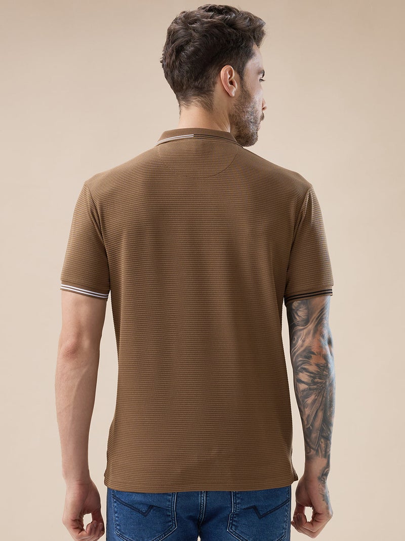 STATUS QUO Textured Tipping Collar Regular Fit Brown Polo T-shirt - Image 3