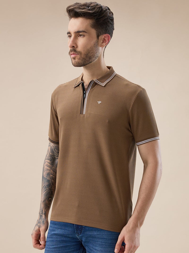 STATUS QUO Textured Tipping Collar Regular Fit Brown Polo T-shirt - Image 2