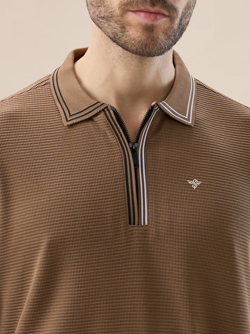 STATUS QUO Textured Tipping Collar Regular Fit Brown Polo T-shirt - Image 4