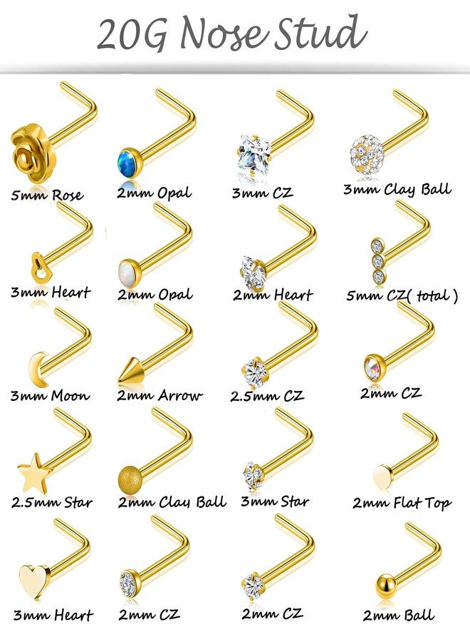 Tornito 20G 20Pcs Nose Ring CZ Nose Stud Retainer L Bone Screw Shaped Nose Piercing Jewelry Set for Women Men Stainless Steel Rose Gold Tone (E:20Pcs,L Shaped, Gold Tone) - Image 2