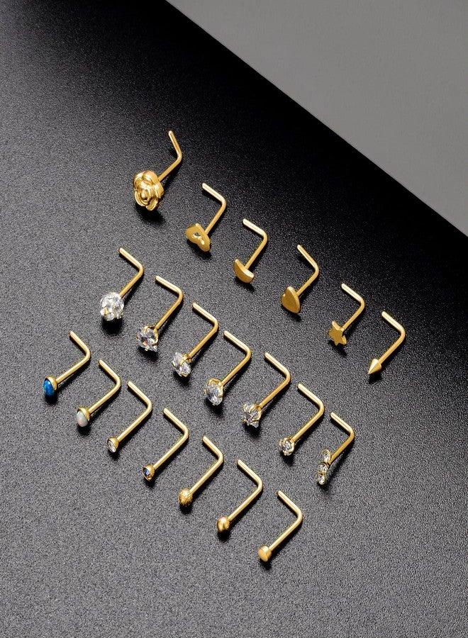 Tornito 20G 20Pcs Nose Ring CZ Nose Stud Retainer L Bone Screw Shaped Nose Piercing Jewelry Set for Women Men Stainless Steel Rose Gold Tone (E:20Pcs,L Shaped, Gold Tone) - Image 5