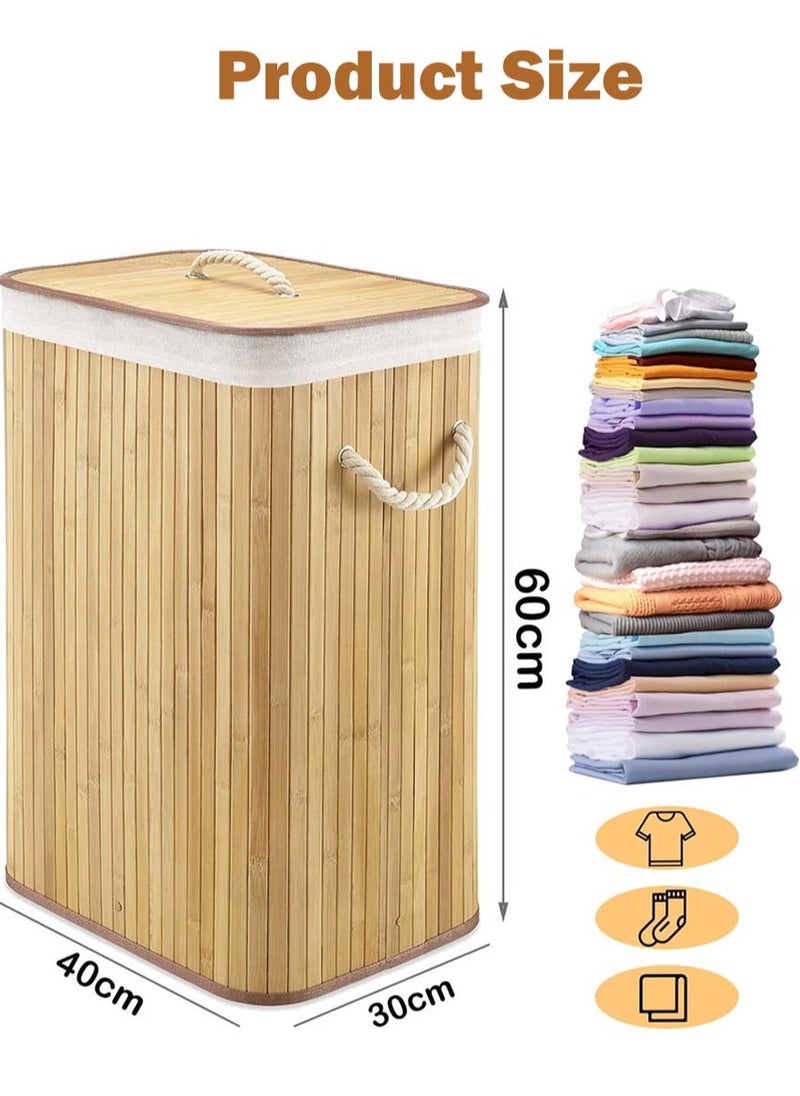 Laundry Basket, Bamboo Laundry Hamper with Lid And Removable Liner, Laundry Bag for Bathroom Bedroom Laundry Room Dorm, 30x40x60cm