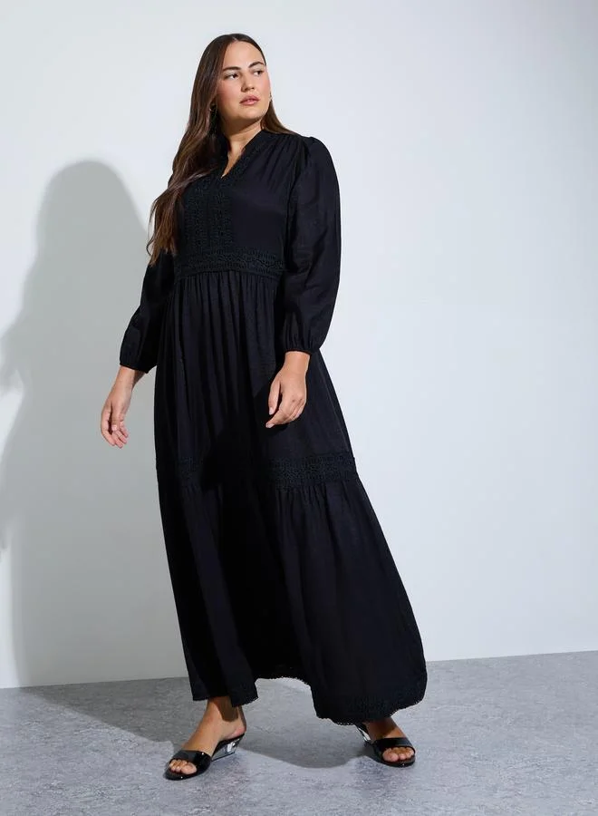 Styli black Plus Size Black Lace Details A-Line Maxi Dress for Women | Best Price UAE