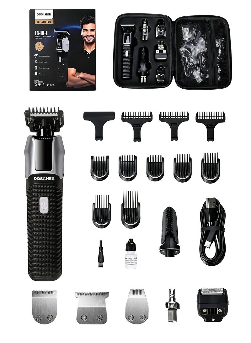 DOSCHER 16-in-1  Electric Beard Trimmer for Men, Hair Clipper & Shaving Machine for Face, Head, Nose, Ear , Mens Grooming Kit ,2000mAh Battery (4.5H Runtime), Wet/Dry with LED Display - Image 1