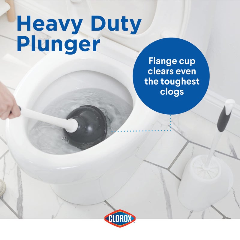 Clorox Toilet Plunger and Bowl Brush Combo Set with Caddy, 6.75" x 7" x 19.5", White/Gray, Pack of 2 - Plunger and Toilet Bowl Brush, Heavy Duty Plunger, Toilet Cleaning Brush, Freestanding Caddy - Image 3