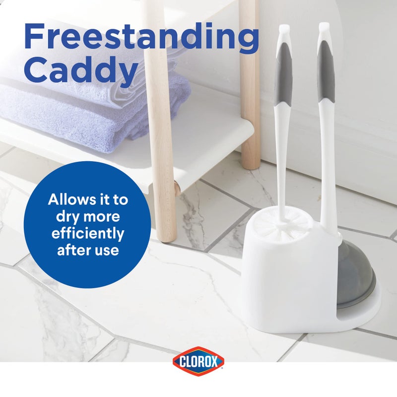 Clorox Toilet Plunger and Bowl Brush Combo Set with Caddy, 6.75" x 7" x 19.5", White/Gray, Pack of 2 - Plunger and Toilet Bowl Brush, Heavy Duty Plunger, Toilet Cleaning Brush, Freestanding Caddy - Image 5
